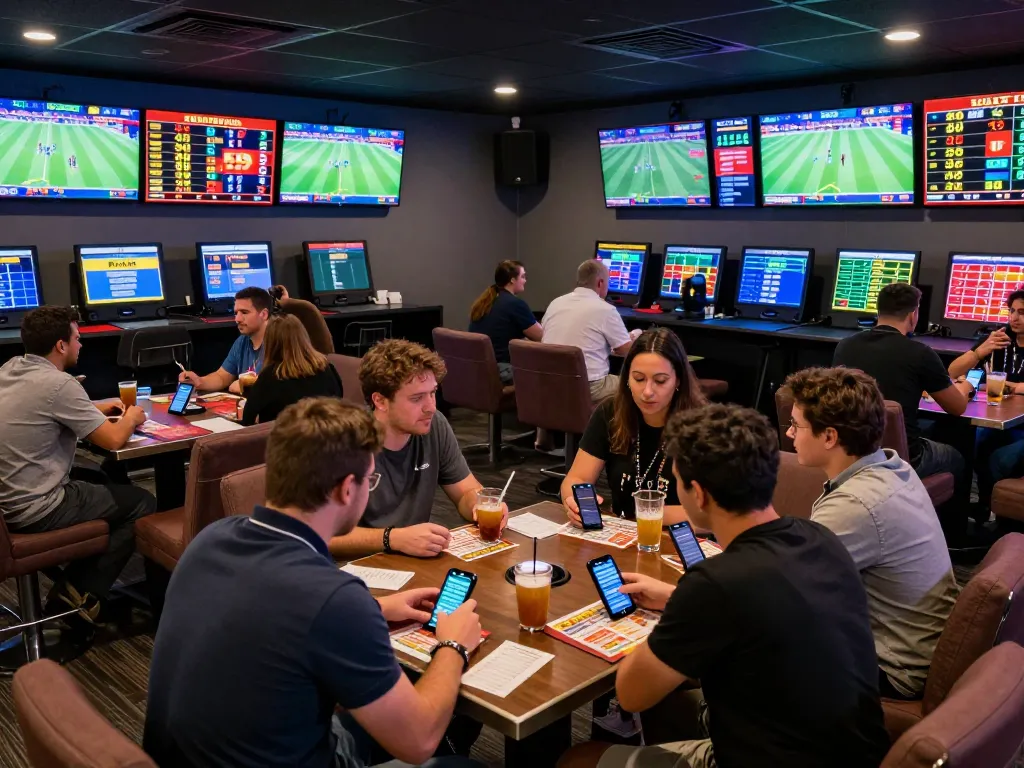 Engaging bettors analyzing odds at nhà cái 388bet sports lounge during live game.