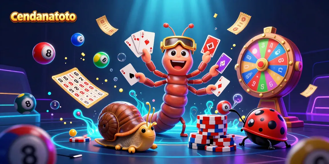 Engage with cendanatoto's vibrant gaming scene featuring a whimsical casino dealer, colorful elements, and dynamic action.
