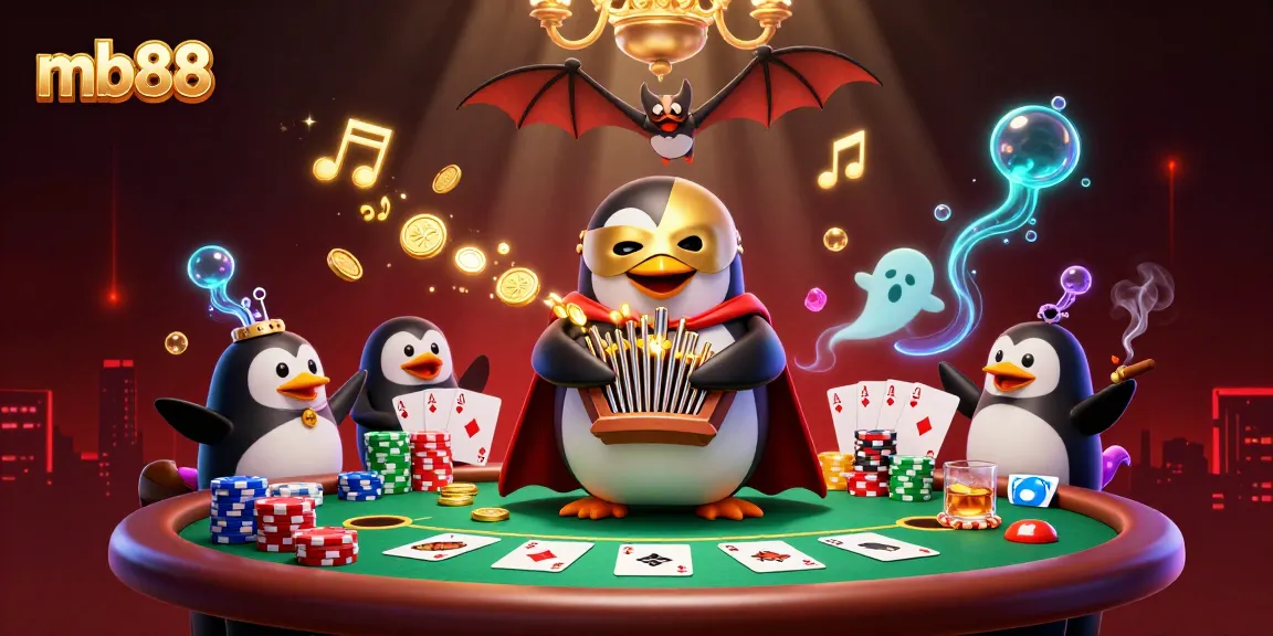 Experience thrilling gaming at mb88 with a dynamic scene featuring a penguin organ player amidst intense poker action.