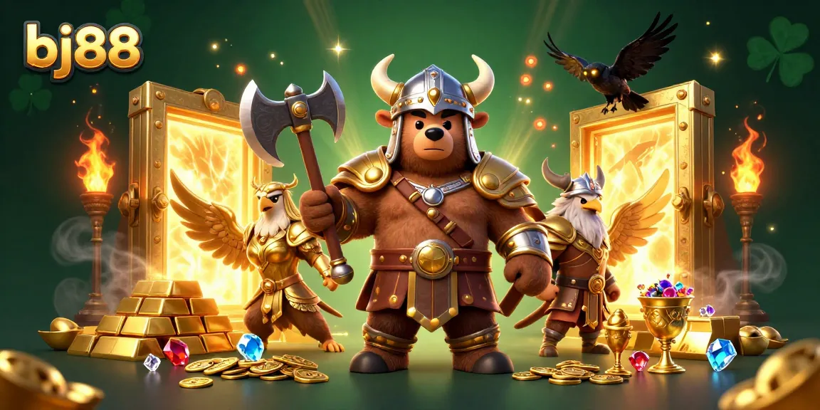 Engage with vibrant bj88 energy, experiencing an exciting online casino scene filled with treasure and gaming elements.