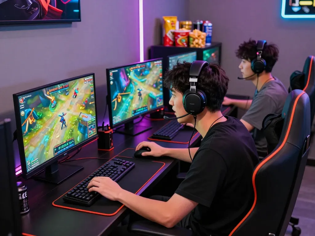 Exciting hoki288 online gaming experience with vivid graphics, gaming headset, and vibrant atmosphere.