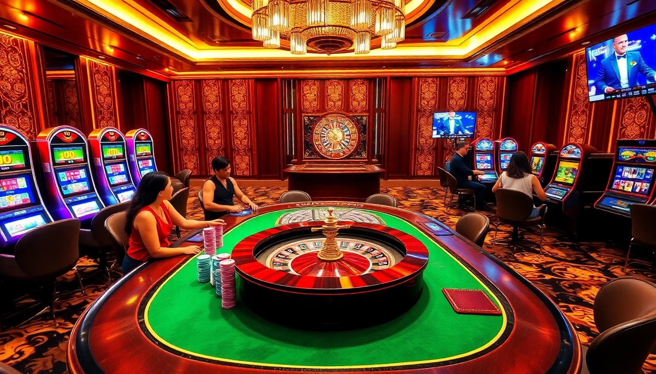 Experience intense gameplay at nhà cái XX88 with a luxurious casino setup featuring poker tables and slot machines.