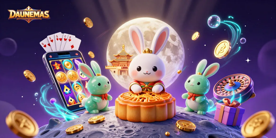 Play exciting games at DAUNEMAS with a vibrant 3D scene of a moon rabbit and poker chips.