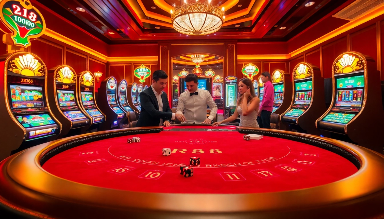 Exciting scene at nhà cái rr88 showcases lively players at a blackjack table in a luxurious casino.