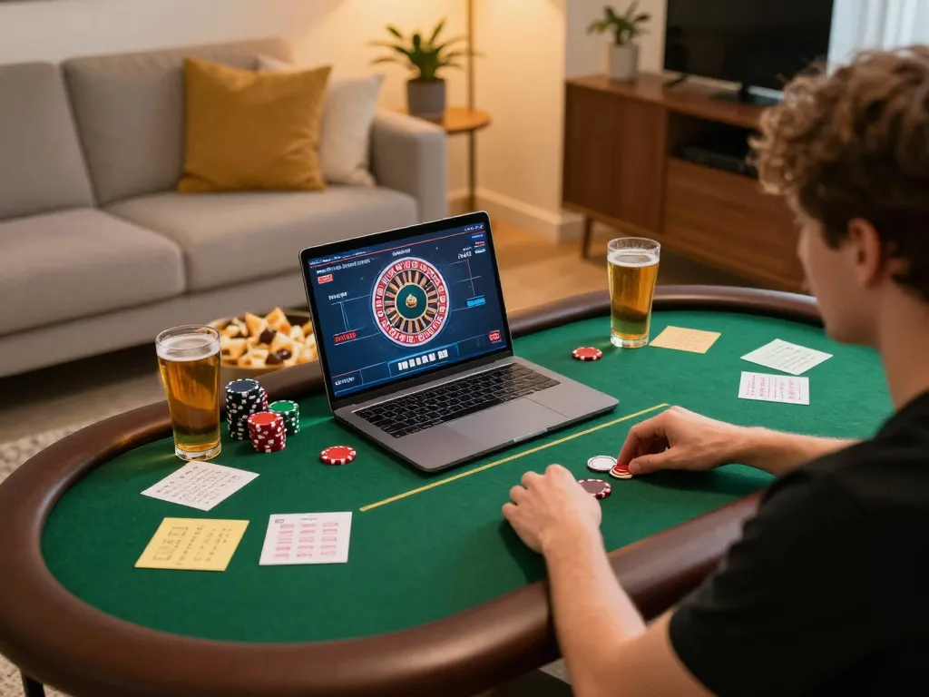 Player engaged in an online casino game using mm88 while enjoying a comfortable home atmosphere