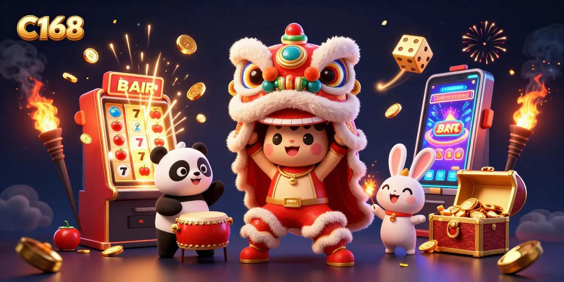 C168 captures excitement with a vibrant 3D casino scene featuring cartoon characters, jackpots, and festive elements.