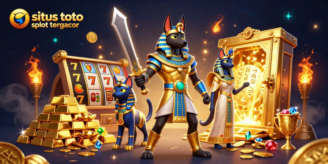 Experience exciting wins at situs toto slot tergacor with Anubis and Bastet in a vibrant casino scene.