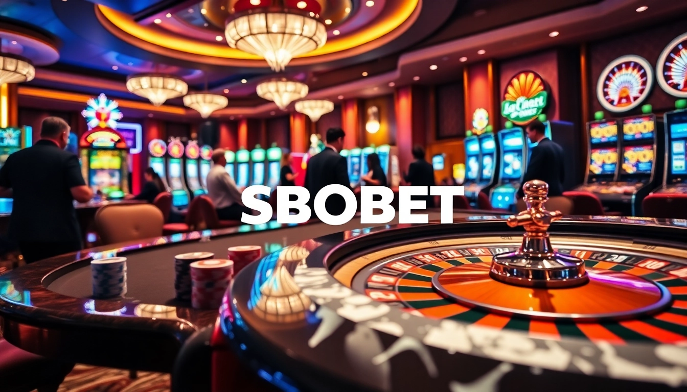 SBOBET players enjoying a thrilling casino game experience at a stylish poker table with vibrant slot machines.