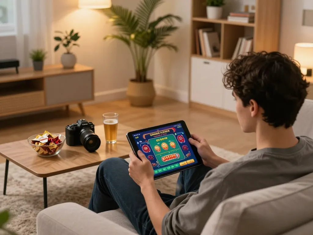 Player enjoying God55 online gaming on tablet in a cozy home setting with snacks