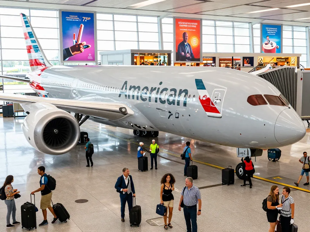 Travelers boarding the American Airlines 789P at the airport terminal.