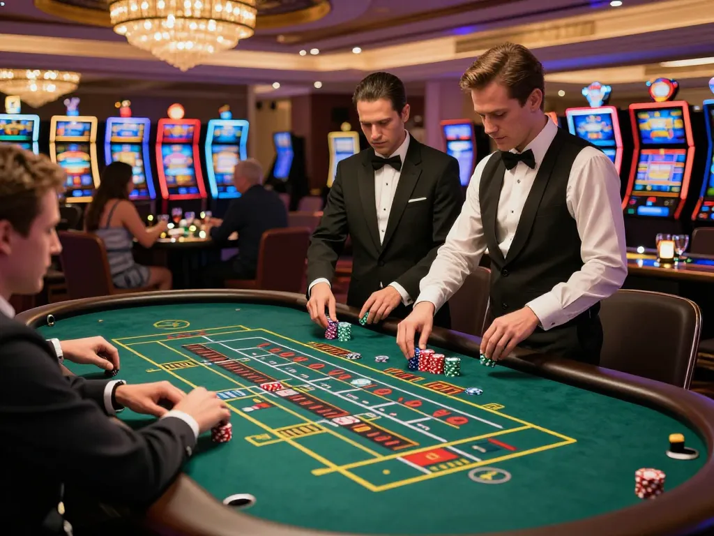 Players enjoying an exciting roulette game at sultan88 casino, vibrant atmosphere, colorful slot machines.
