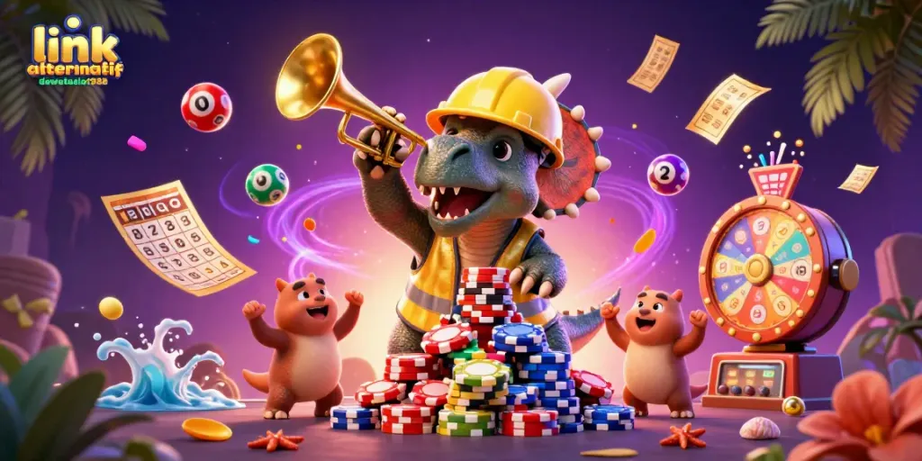 Permainan lotre seru dengan link alternatif dewataslot888 dan karakter lucu merayakan kemenangan.