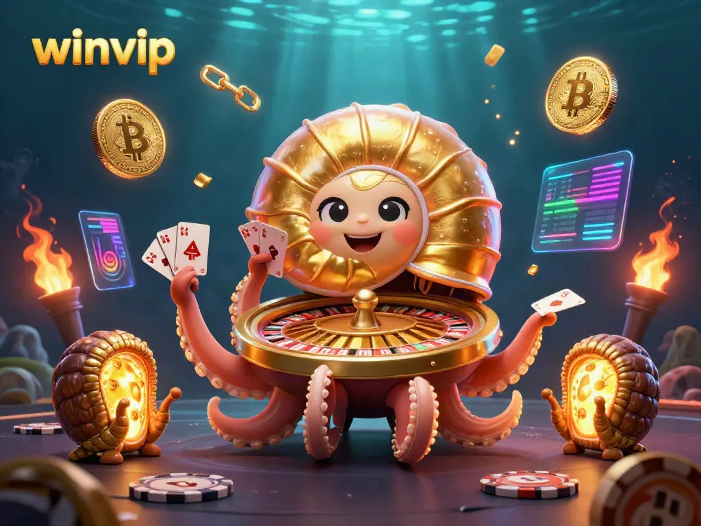 Winvip players enjoying a vibrant casino atmosphere with a giant nautilus roulette wheel.