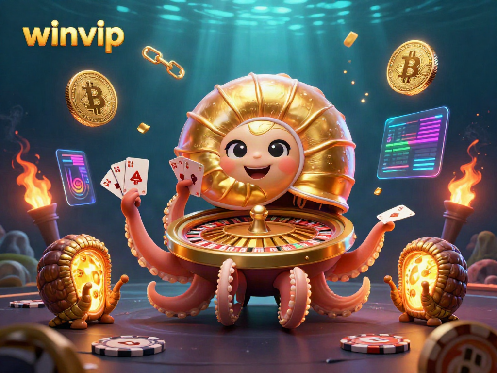 Winvip players enjoying a vibrant casino atmosphere with a giant nautilus roulette wheel.