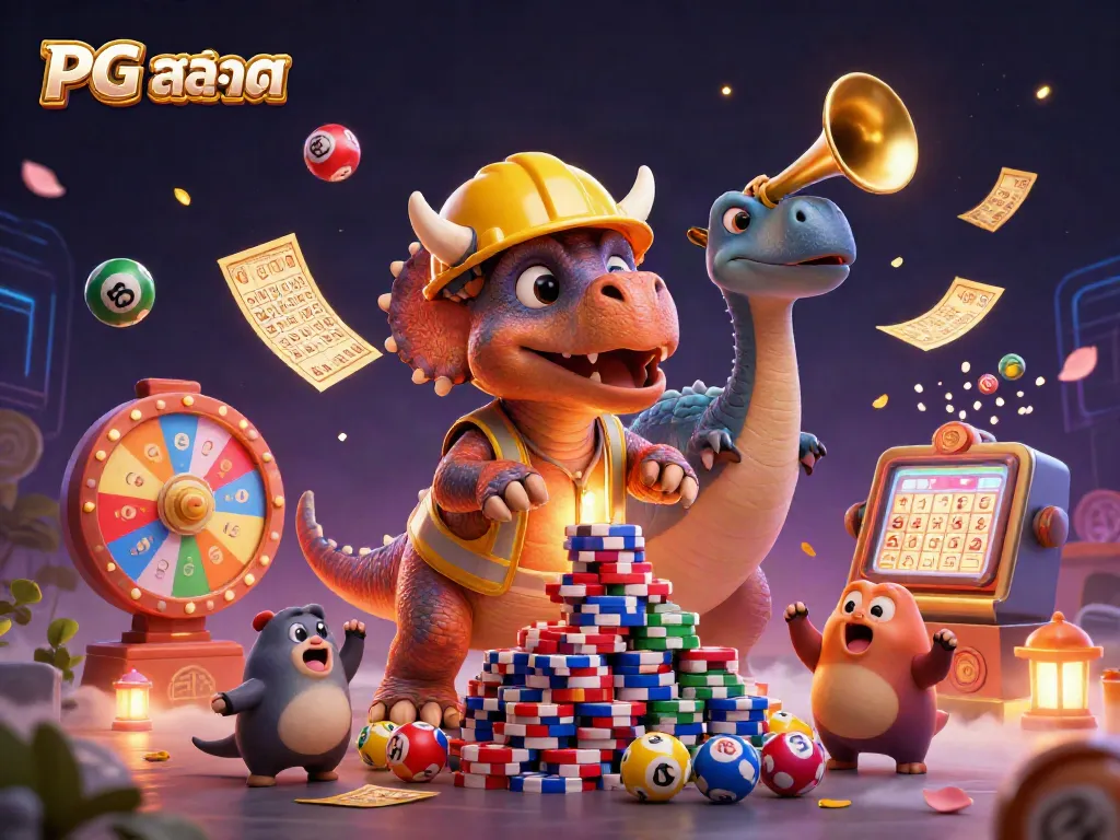 Celebrate with PG สล็อต as triceratops builds a poker chip tower, surrounded by festive elements.