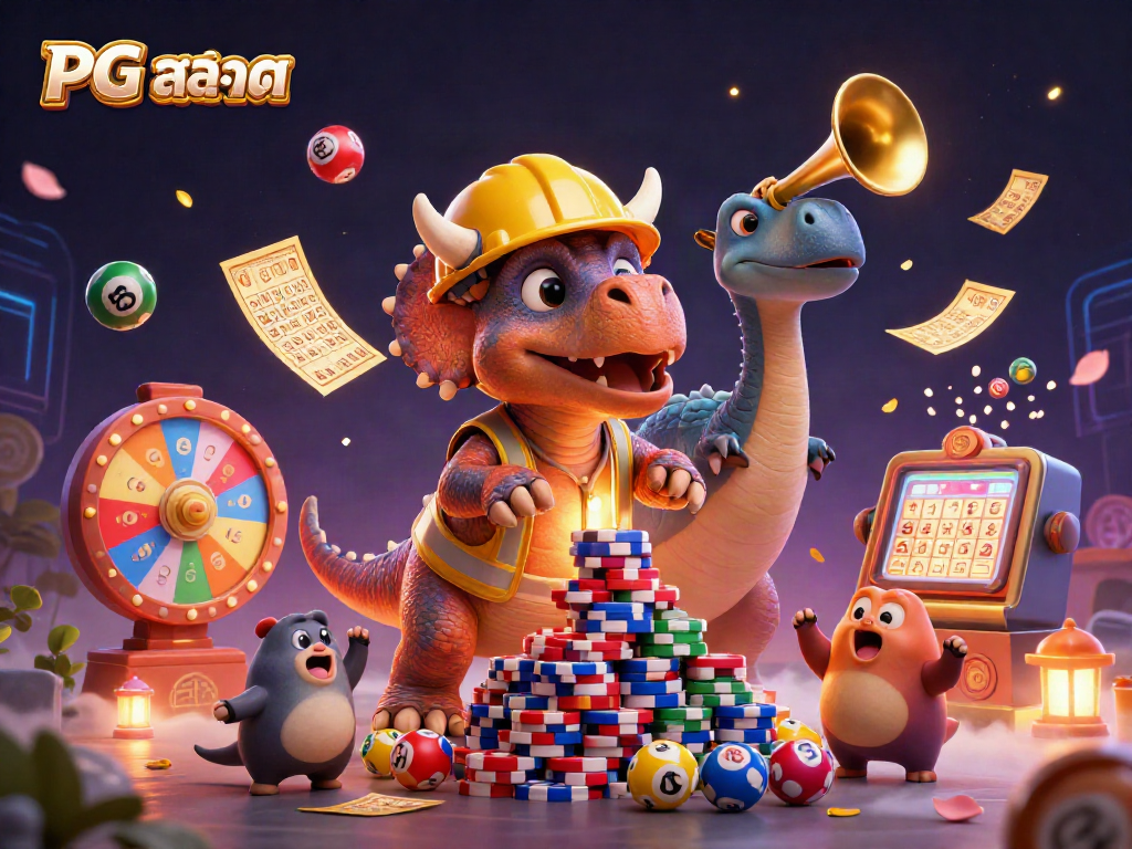 Celebrate with PG สล็อต as triceratops builds a poker chip tower, surrounded by festive elements.