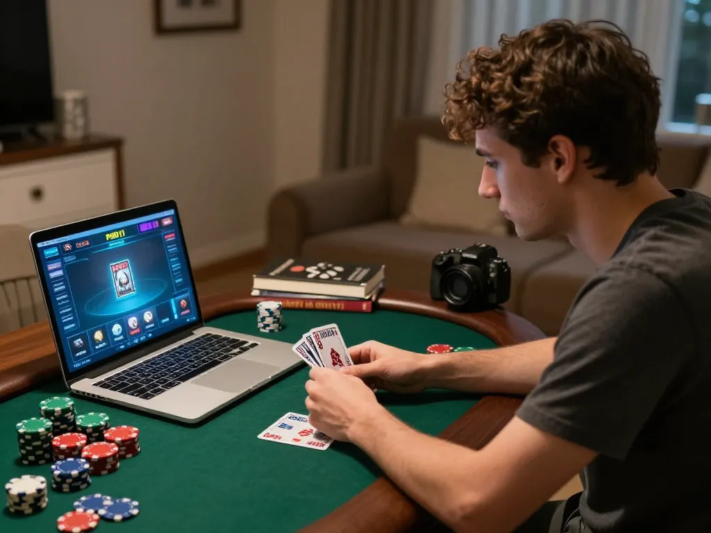 Engaging in a thrilling PERI11 poker game online at home, showcasing a cozy atmosphere and focused strategy.