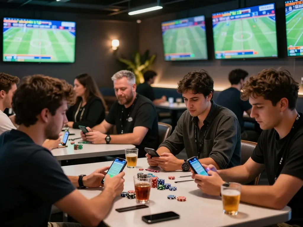 Engaged bettors using 7meter Link Alternatif in a modern sports betting lounge with multiple screens.