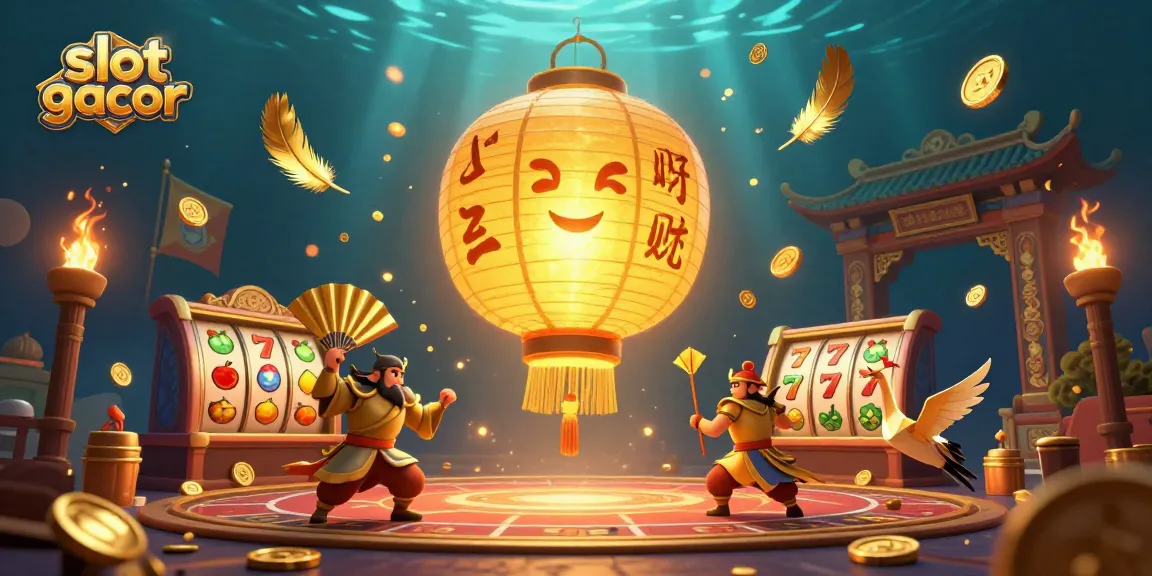 Engage with vibrant slot gacor action featuring a glowing lantern spirit amidst casino elements.