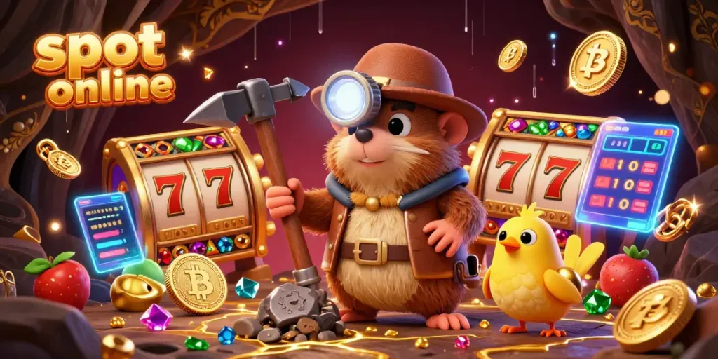 Bagikan pengalaman slot online dengan ilustrasi kartun 3D mencolok tentang penambang mencuri berbagai harta karun dari mesin slot.