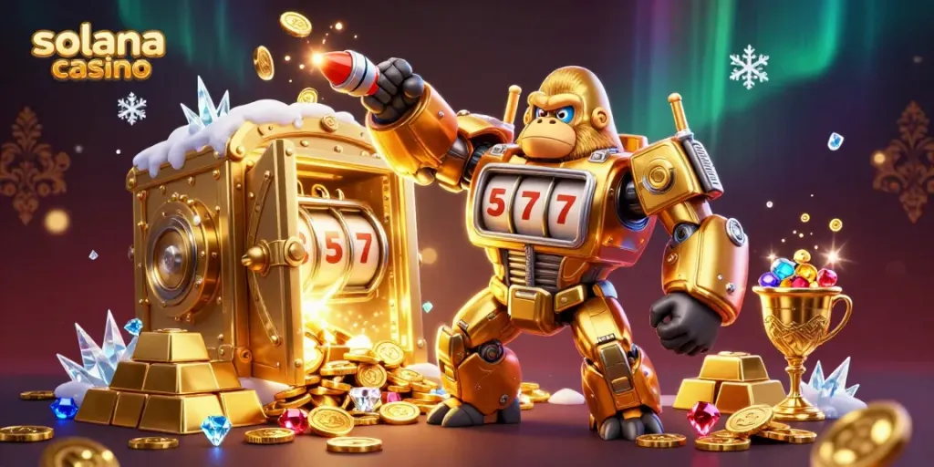 Experience thrilling gameplay at a vibrant solana casino with dynamic golden gorilla mech and treasures.