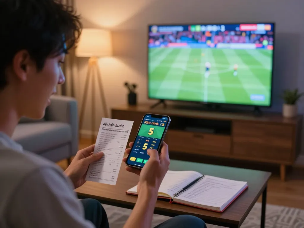 Kèo nhà cái 5 betting action with a person checking odds on smartphone during a live sports event.