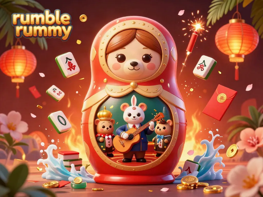 Join the excitement of rumble rummy with vibrant 3D characters and casino elements in a lively illustration.