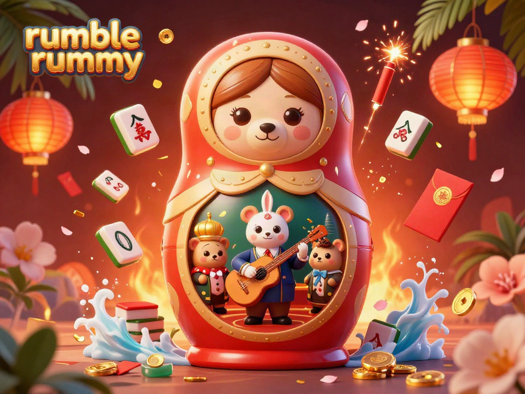 Join the excitement of rumble rummy with vibrant 3D characters and casino elements in a lively illustration.
