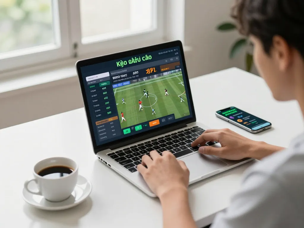 Engaging scene of sports betting analysis displaying kèo nhà cái on a laptop amidst a home office environment