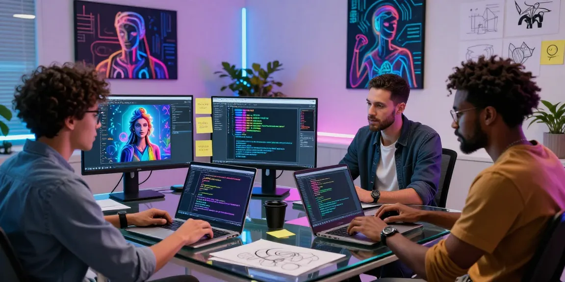 Dynamic NSFW AI development scene showcasing diverse team creating innovative digital characters