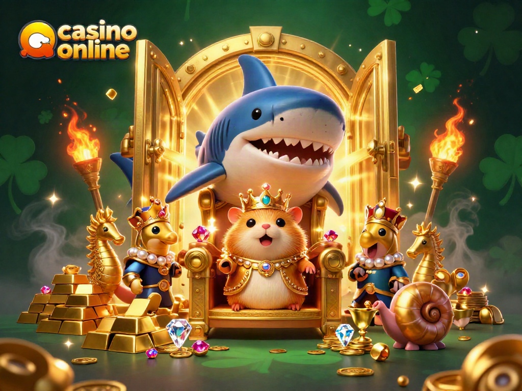 Engage with casino online action, featuring a golden hamster king on a shark throne surrounded by treasures.
