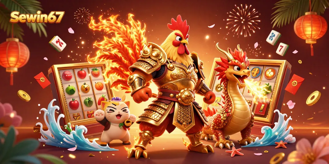 Menyambut permainan Seawin67 dengan petarung ayam berani dan naga, meraih kemenangan dengan simbol keberuntungan.