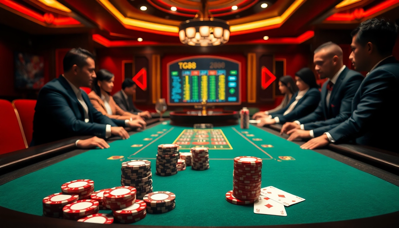 Experience high-stakes poker excitement with TG888-themed casino visuals featuring vibrant chips.