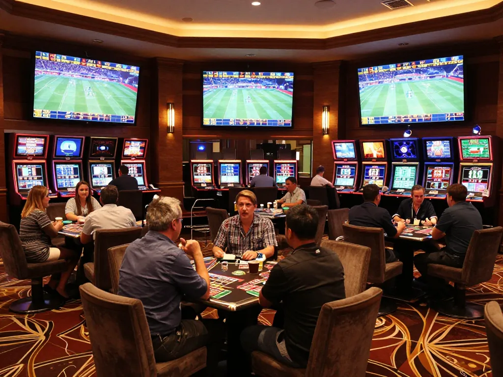 KQBD sports betting area showing enthusiastic bettors watching live matches with vibrant screens