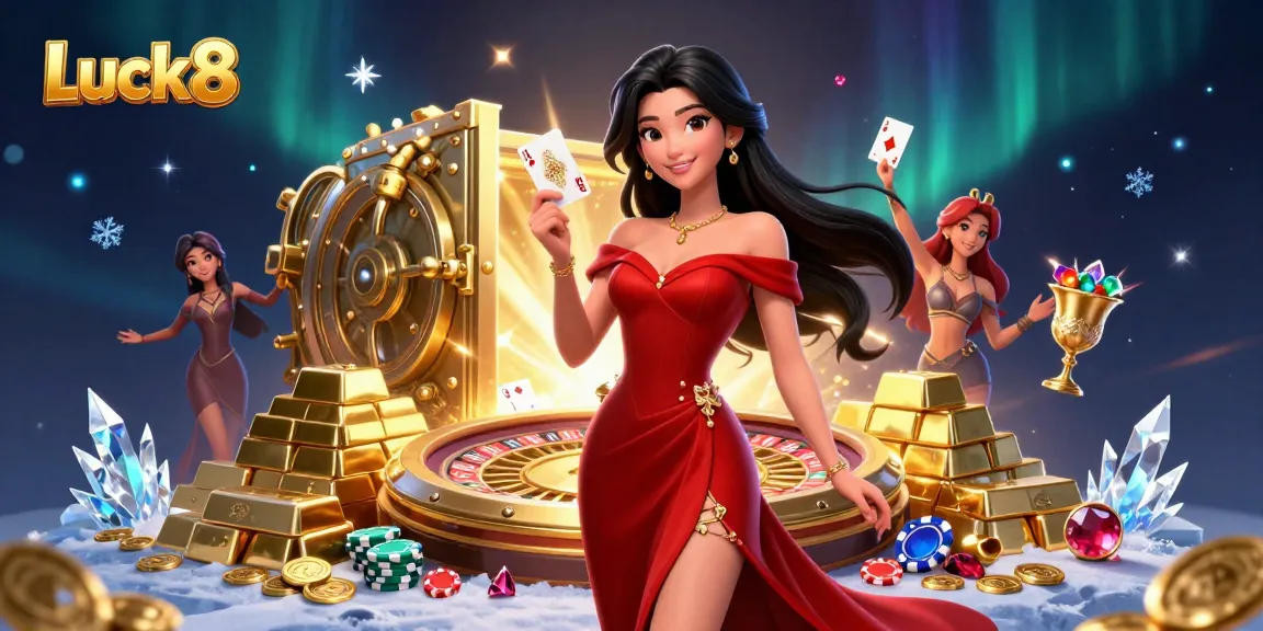 Luck8 showcases a beautiful woman winning at the roulette table, surrounded by treasures and casino elements.