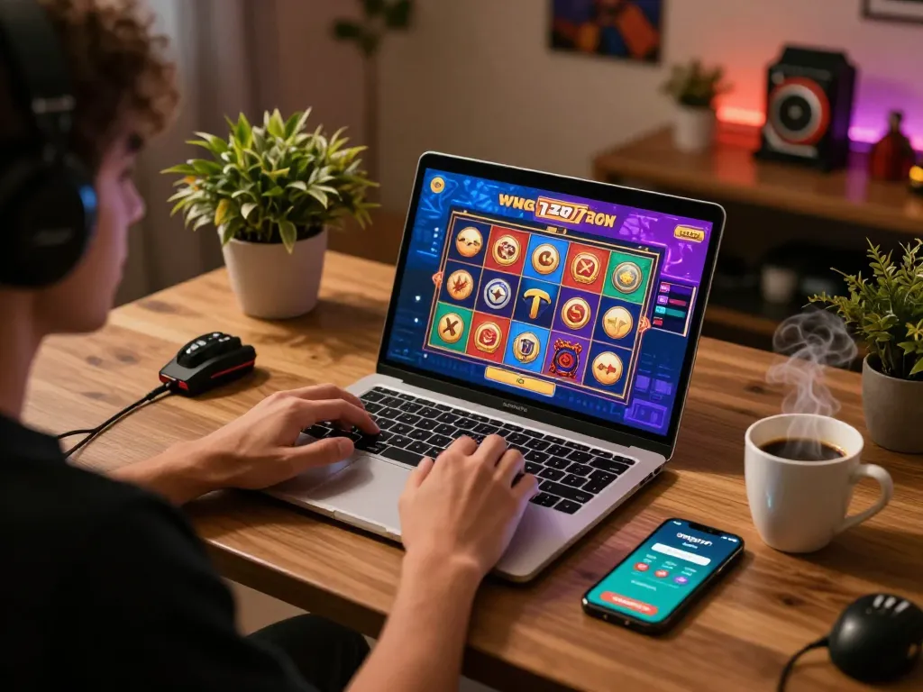 Nego77 player's immersive online gaming setup with laptop, smartphone, and cozy ambiance