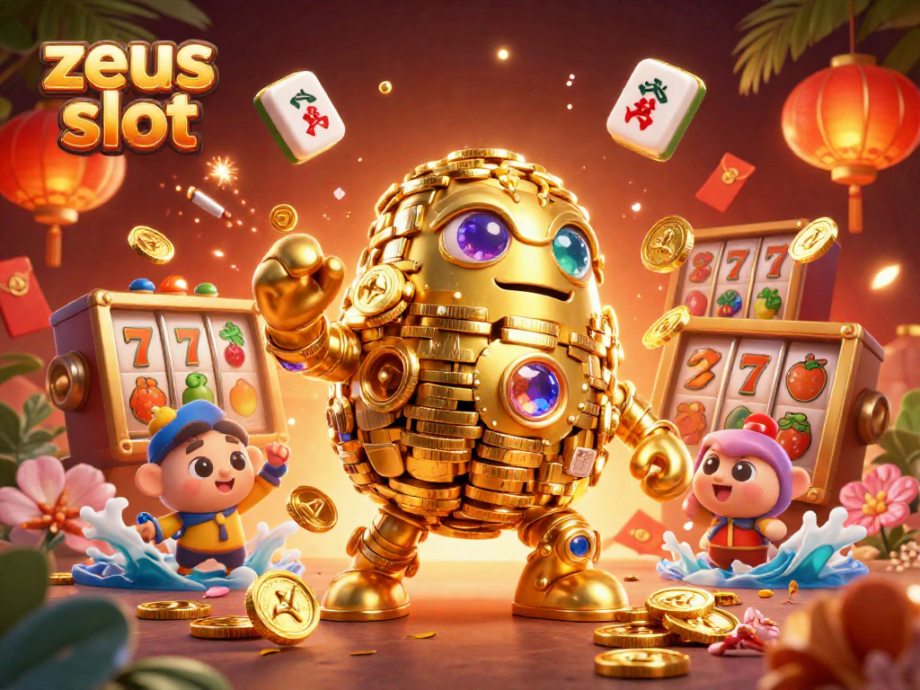Experience the excitement of zeus slot with a golden golem surrounded by vibrant casino elements.