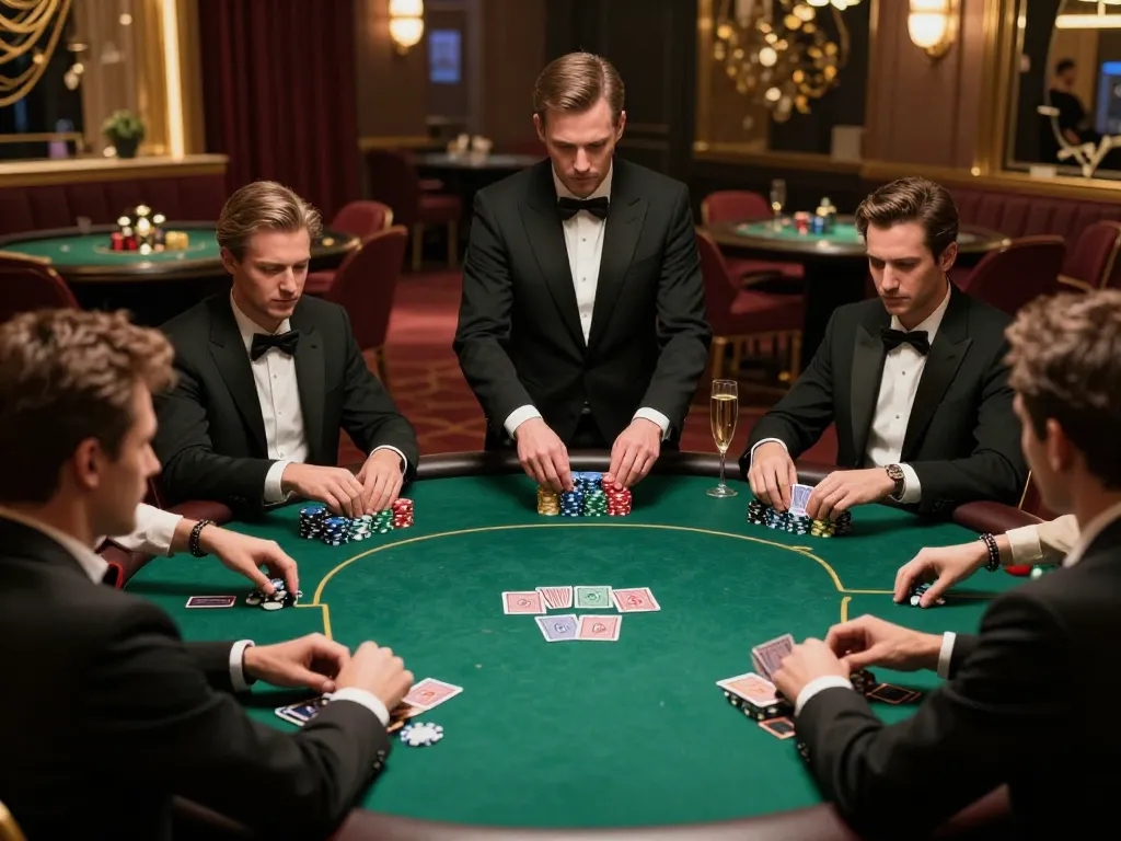 Players engaging in a high-stakes poker game at a luxury casino, showcasing SC88 chips and strategic betting.