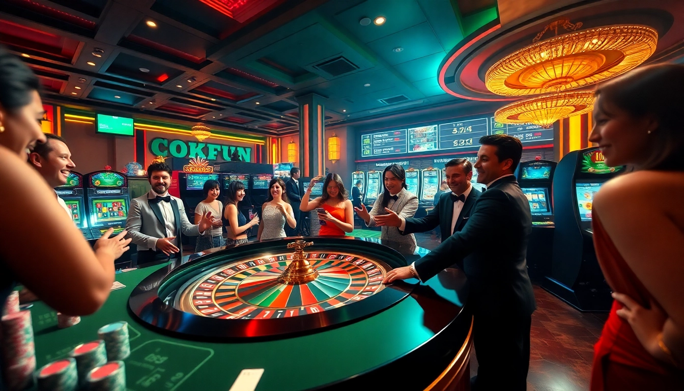 Exciting gaming action at OKFUN casino featuring players at a roulette table, surrounded by vibrant decor.