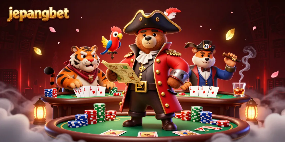 Engage in thrilling poker action with Jepangbet's pirate-themed characters at a vibrant casino scene.