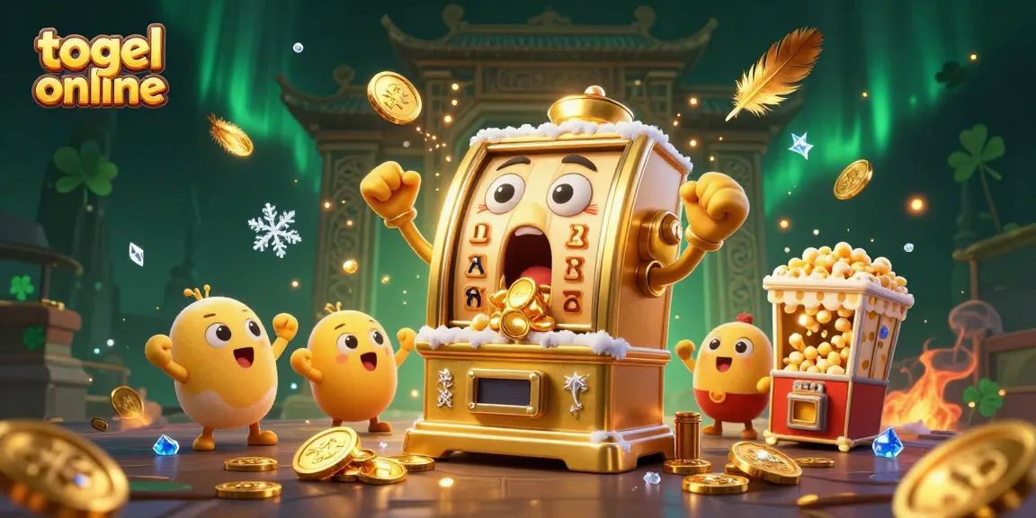 A vibrant scene of a togel online theme, featuring a slot machine hitting a jackpot as coins spill out, surrounded by cheering machines and golden particles.