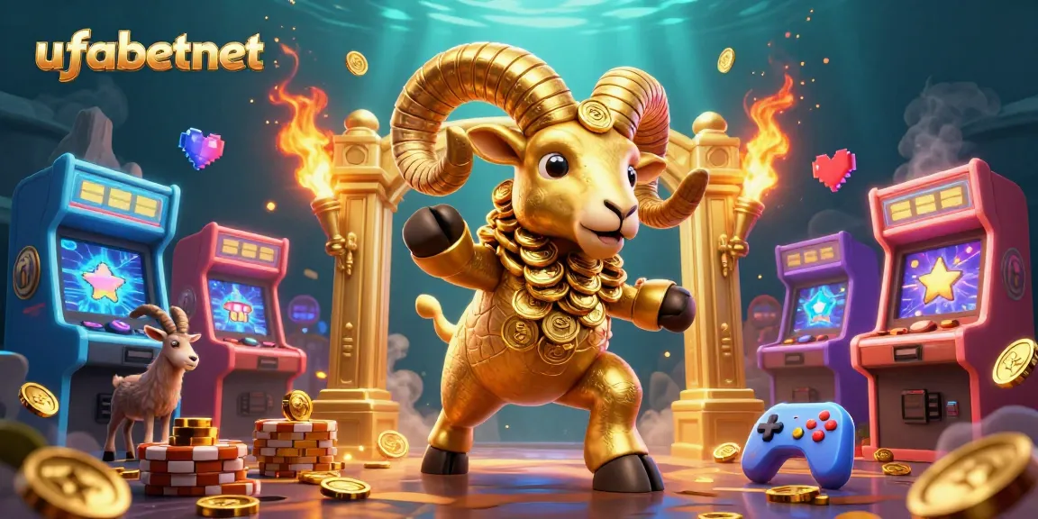 Engage with ufabetnet's vibrant casino scene showcasing a golden ram charging through stacks of coins.