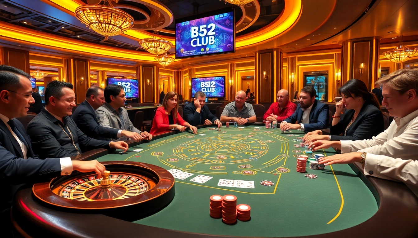 B52 CLUB gaming table with colorful chips and cards, showcasing an exciting gaming atmosphere.