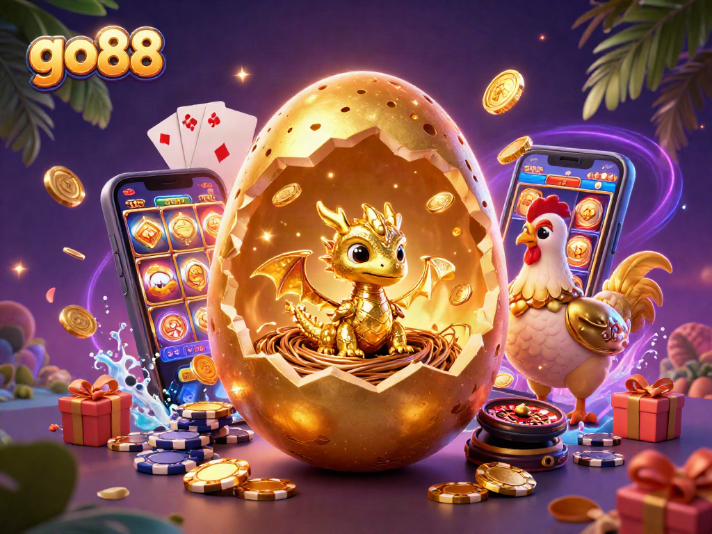 Engage with go88, where a golden baby dragon and poker chips create winning excitement in the casino.