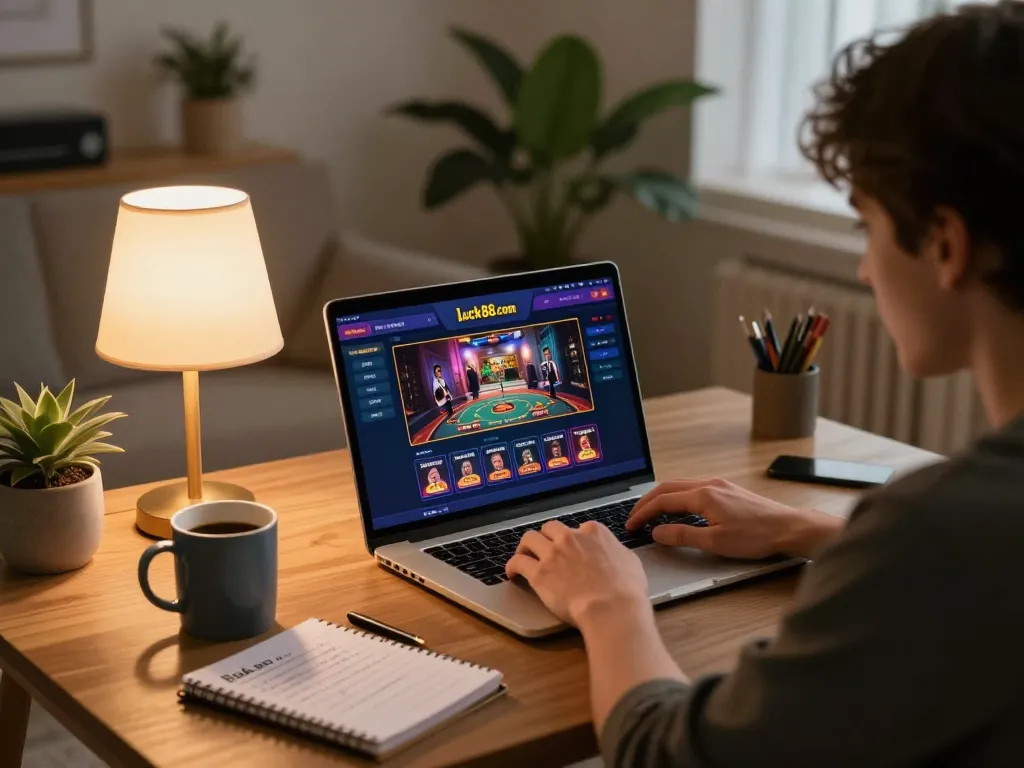 Engaged player enjoys game time on luck88com in a cozy living room setting