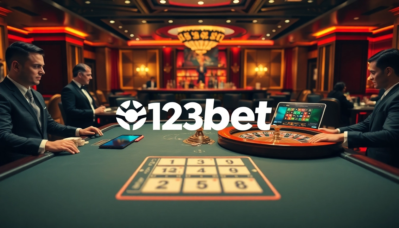 Gambling excitement at a luxurious 123bet casino with live dealers and vibrant atmosphere.