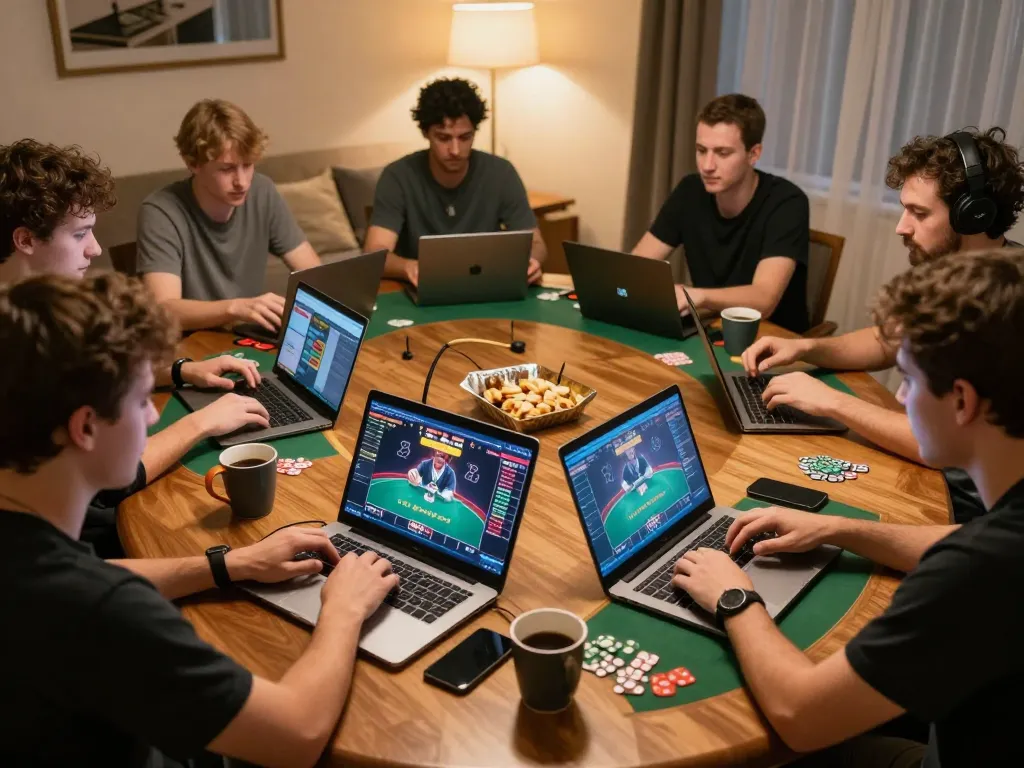 Players enjoying online poker at home via fabet, showcasing competitive atmosphere and cozy setup.