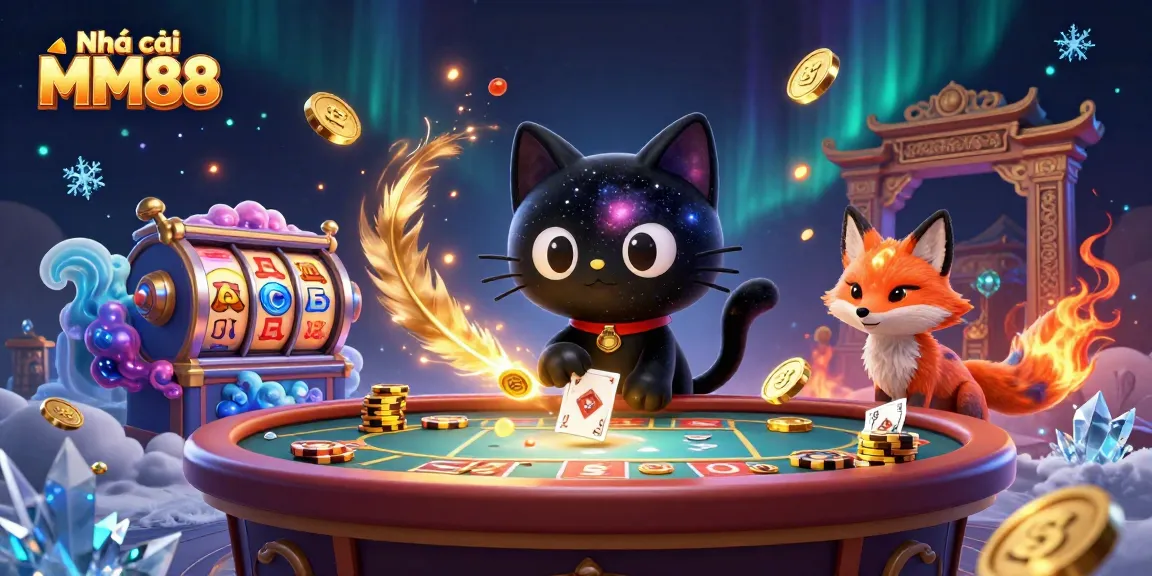 Engage with the cosmic thrills of Nhà cái MM88 as the black hole cat pulls in winnings at a vibrant casino table.