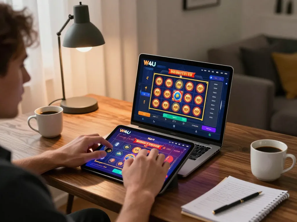 Engaging gameplay on W4U app showcases mobile casino slots with cozy home setting.