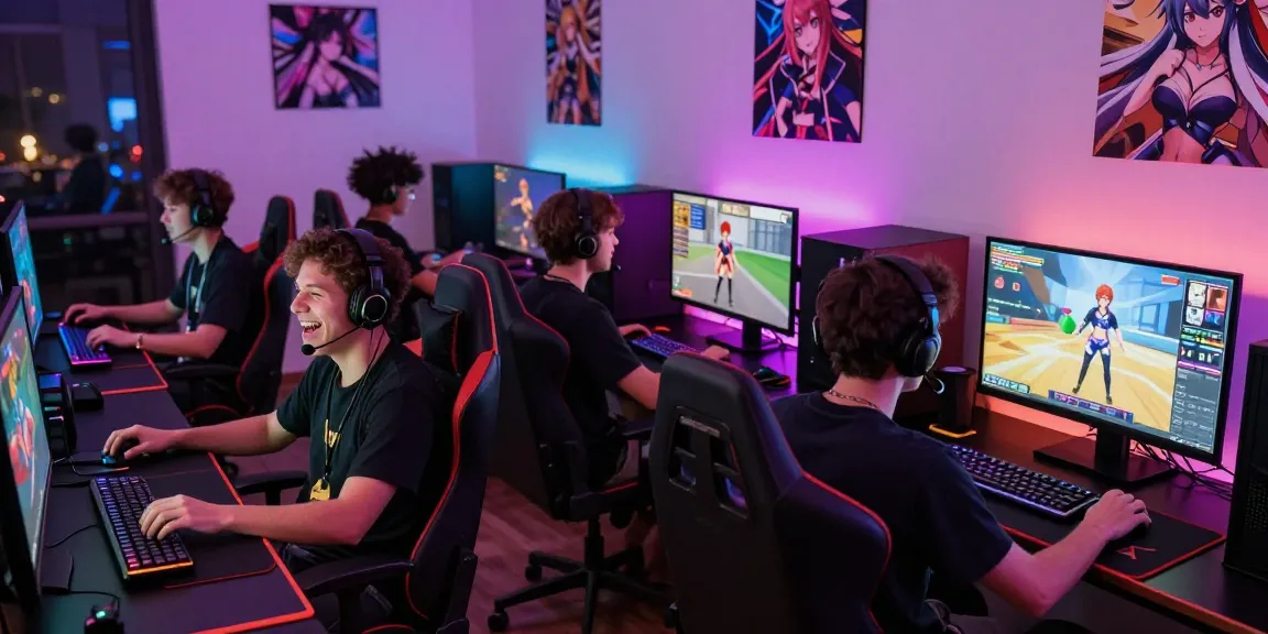 Players enjoying an ecchi game together, showcasing vibrant gaming setups and lively atmosphere.